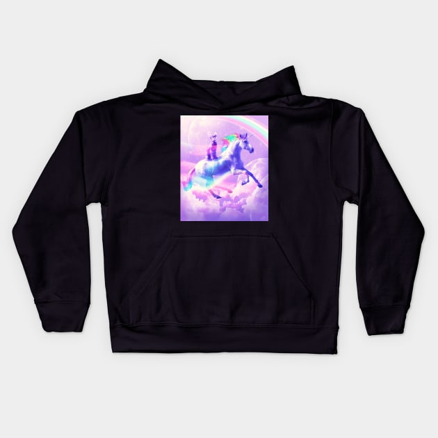 Kitty Cat Riding On Flying Unicorn With Rainbow Kids Hoodie by Random Galaxy